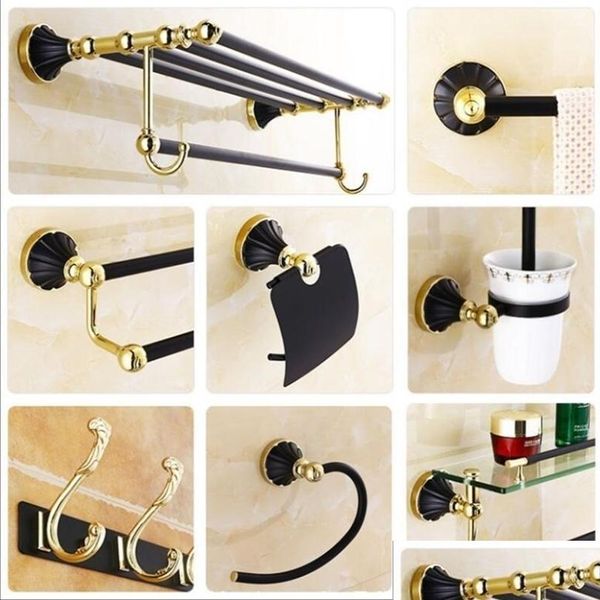 Toalhas Acessórios para o banheiro liga de zinco Black Gold Gold Towel Ring Robe Ganch Bush Brush Solder Barra de papel T200425 Drop de dhczq