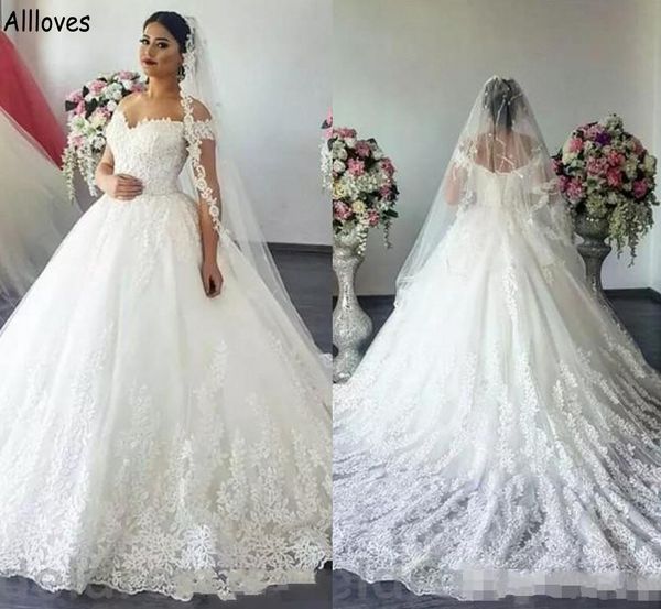 Abiti da sposa sexy con spalle scoperte Abiti da sposa Dubai Arabo Pizzo Appliqued Taglie forti Abito da sposa principessa Corsetto Indietro Sweep Train Abiti da sposa AL2098