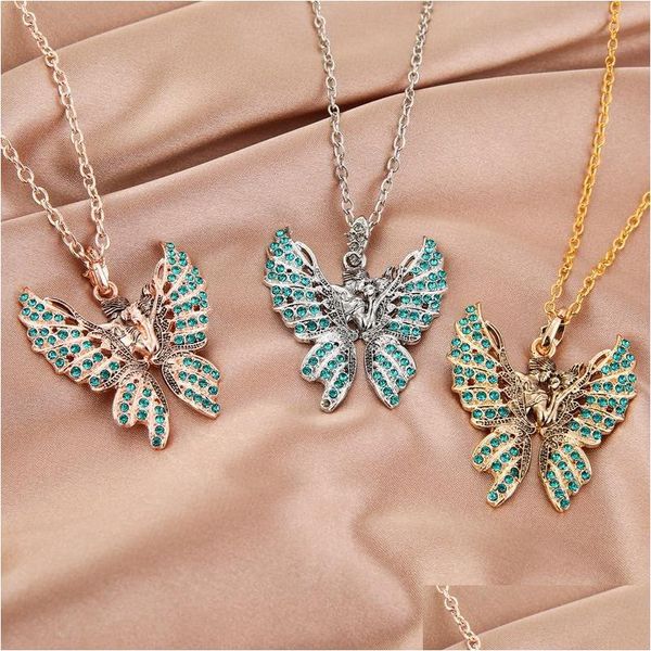 Anhänger Halsketten Mode Schmetterling Halsketten Schmuck Frauen vereisere Anhänger Engel Flügel Luxus Kristall Strass Tiere Pullover ch Dhlv6