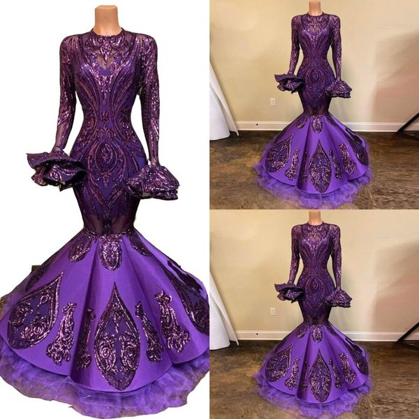 2023 Regency Purple Liginas vestidos de noite usam sereia jóia pescoço de mangas compridas Apliques de renda ilusão