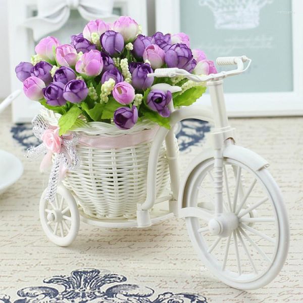 Fiori decorativi Cesto di fiori per bicicletta Decorazione del desktop Ornamenti Triciclo Vaso di plastica bianco Conservazione della casa Festa di nozze Fai da te