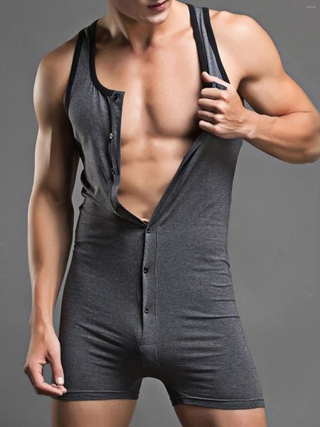 Herren-Körperformer, ärmellos, sexy Unterhemden, einteilig, lässiger Strampler, Weste, Ausschnitt, Sportbekleidung, Overalls, Knopf-Bodysuit, Club-Nachtwäsche für Herren