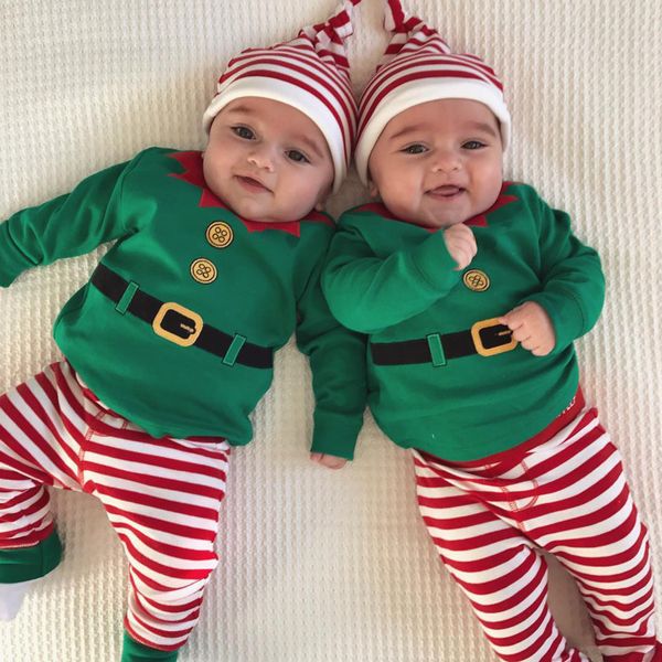 Rompers erkek bebek kız sonbahar Noel Noel Noel kıyafetleri Set Toddler Erkek Kız Romper Pant Şapka Kıyafetler Elf Cosplay Kostüm 221117