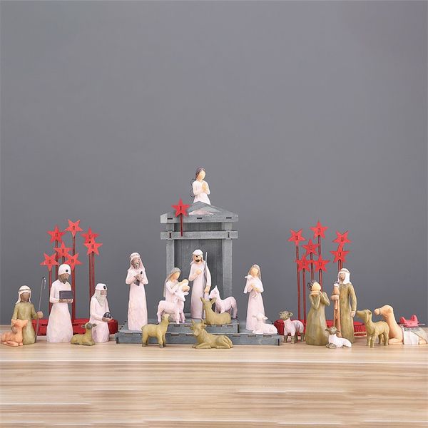 Bebek oyuncak hediye setleri 20 adet doğuş seti oyulmuş el boyalı bebek sanat nativity koleksiyonu dekoratif heykel ev Noel dekorasyonu 2627 e3
