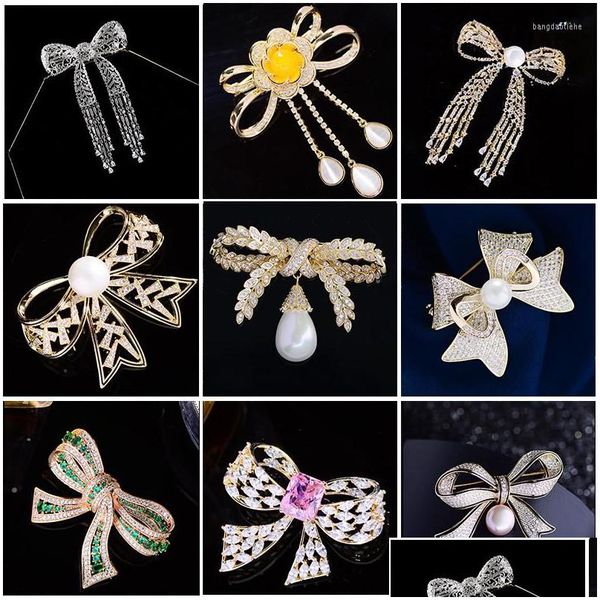 Spille Spille Spille Europee E Americane Trendy Fiocco Nappa Brillante Cubic Zirconia Bowknot Spilla Giacca Giacca Spilla Di Perle Donne Ac Dhhpb