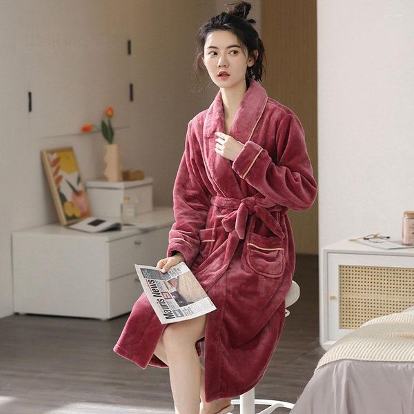 Robô de lã de lã de lã de lã de coral feminino Mulheres de manga comprida Robôs de banheira Kimono Vestido com cinto de lingerie quente de lingerie flanela