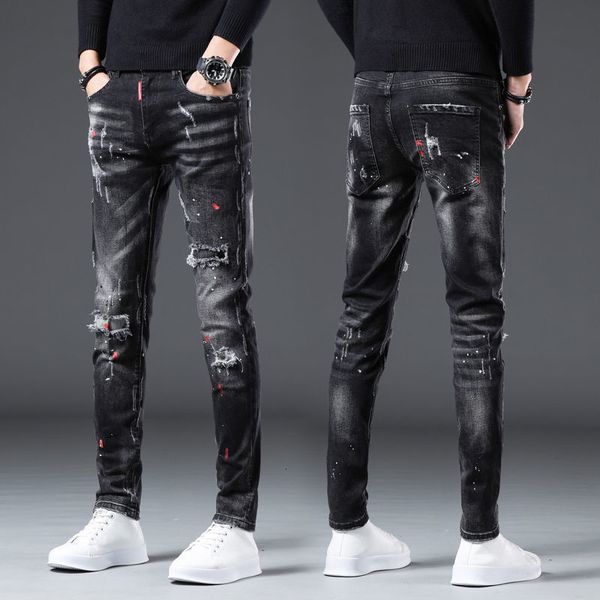 Мужские джинсы Korea Version Mens Black Ripped Stylish Slim Stretch Light Luxury Splash Ink Print Sexy Street 221118