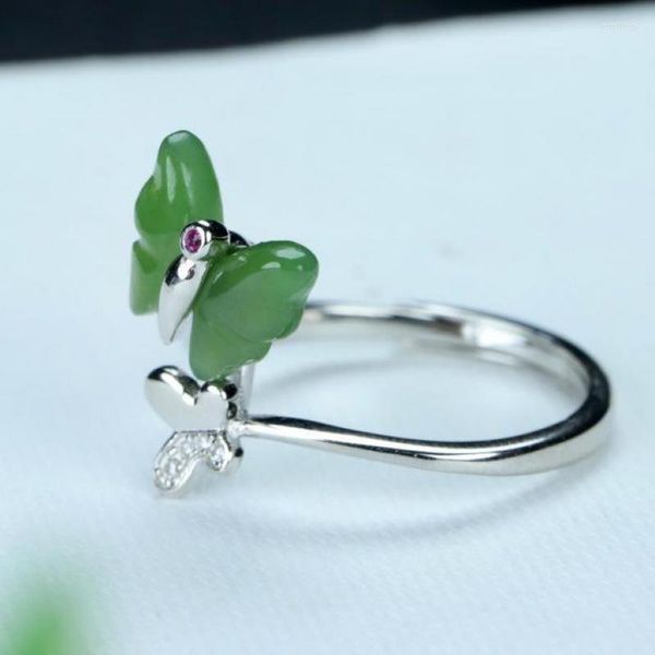 Ringos de cluster mulheres verde jade ruby ​​butterfly ring 925 jóias de prata esterlina chinês nefrite hetiano jades bowknot bandas abertas