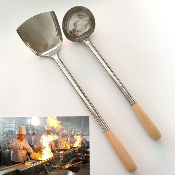 Parti di pentole grande spatola lunga pala chef cucina cocina utensilios lama utensile da cucina manico in legno tornitore in acciaio inox cucchiaio da minestra wok 221118