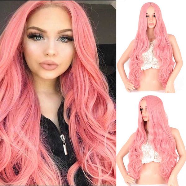 Peruca feminina estilo feminino rosa médio dividido grande onda grande longa cabelo cacheado fibra química de fibra de cabeça