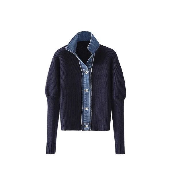 Maglia da donna T-shirt moda coreana giacca maglione primavera autunno denim patchwork cardigan lavorato a maglia colletto rovesciato monopetto cappotto in maglia Vingtage 221118