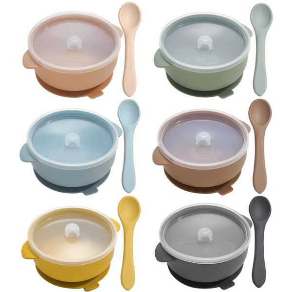 Tazze Piatti Utensili Ciotola per ventosa per bambini in silicone di alta qualità con coperchio Set di piatti per bambini impermeabili senza BPA Cucchiaio portatile per bambini 221117