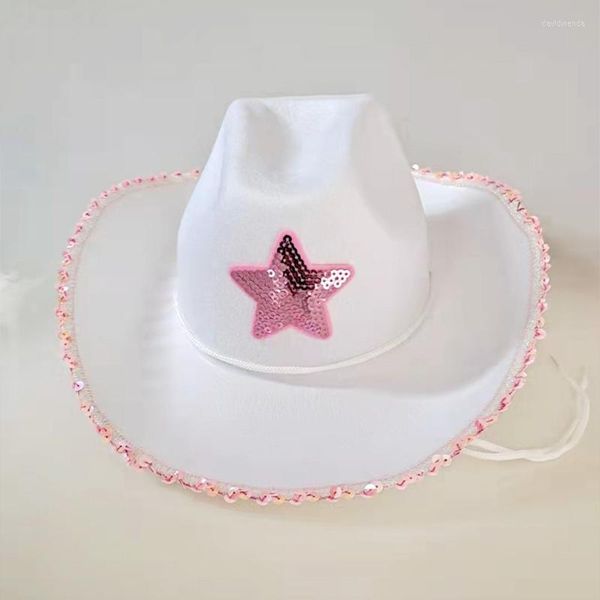 Bérets à la mode réglable Jazz chapeau haut de forme feutre blanc Cowgirl avec étoile rose mode occidentale Cowboy Hipster large bord extérieur