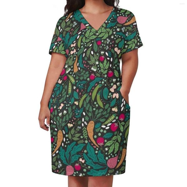 Plus Size Kleider Farm To Table Kleid Gemüsedruck Streetwear Casual Damen Frühling V-Ausschnitt Vintage Geschenkidee