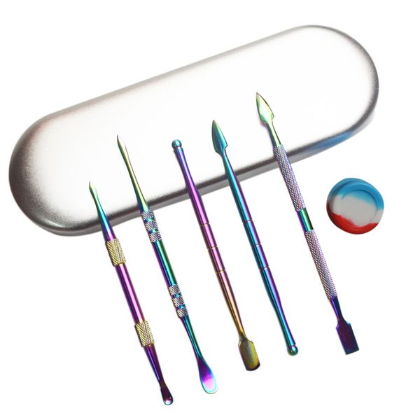 Accessori per fumatori Rainbow Silver Wax Dab Tool Kit Confezione in alluminio 5 tipi Strumenti Dabber in acciaio inossidabile per cere Dry Herb Vaporizzatore Tabacco Banger Nails