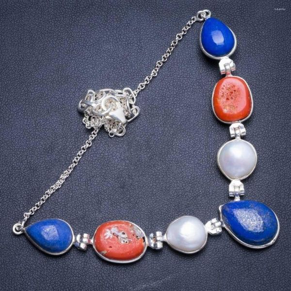 Ketten natürliche rote Koralle Lapis Lazuli und Fluss Perle 925 Sterling Silber Halskette15.5 1,75 