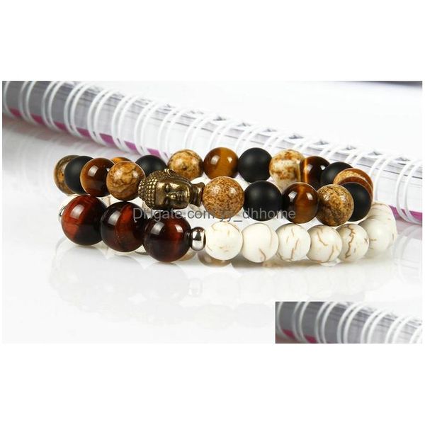 Bracelets de charme Design Fashion Bracelet Wholesale 10pcs/lote 8mm Picture Jasper com Tiger Eye Stone Stone Bronze Buddha Head Bracele DHS9N