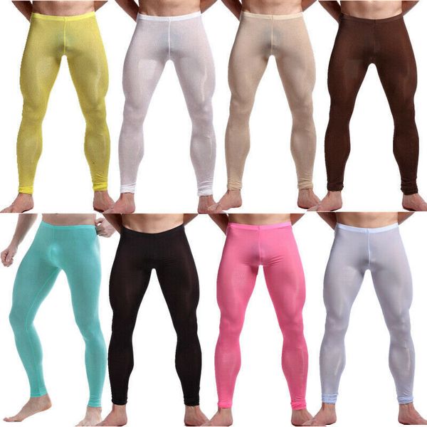 Roupa térmica masculina Sexy Mens Sono Bottoms Ice Seda Ultrathin Transparent Thermal Pants Leggings Cool Men Long Johns Lounge calça apertada