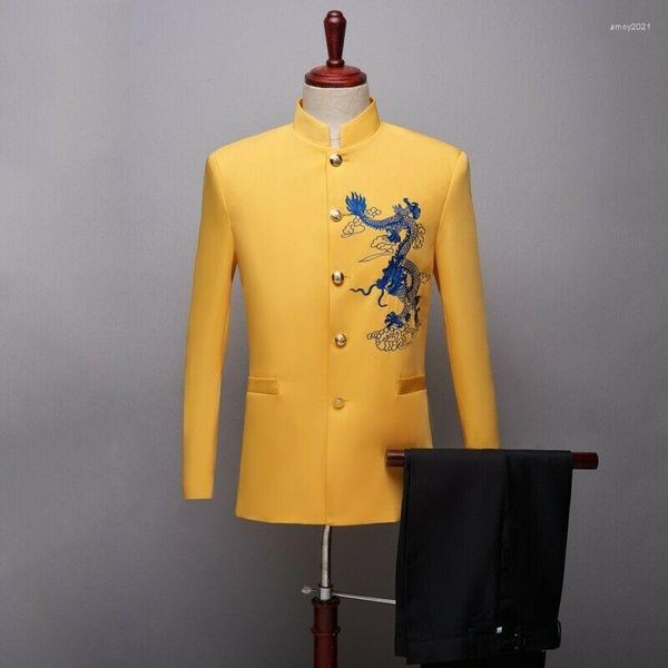 Terno masculino Tuxedo Men Stand Collar 2pcs Túmulo chinês Tunic Blazer Slim Fit Bordado 2022