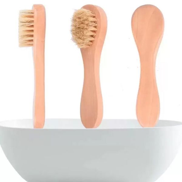 Escova de limpeza de rosto para esfolia￧￣o facial cerdas naturais esfoliando pinc￩is de rosto para escova a seco com al￧a de madeira p1118
