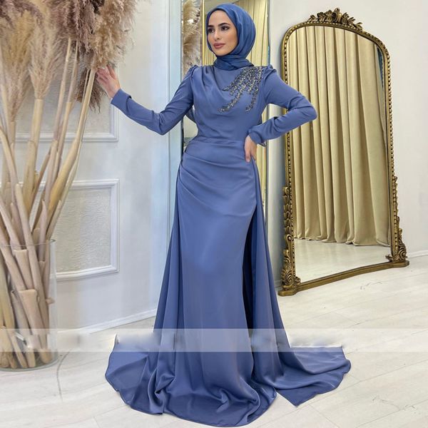 Elegante muslimische Abendkleider mit Überrock, Satin-Applikationen, Hijab-Formalkleid mit langen Ärmeln, islamische Robe De Soiree 326 326