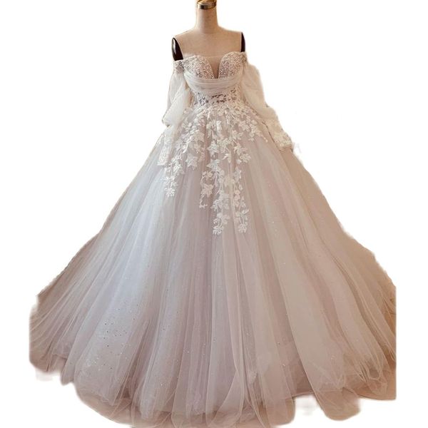 Omuz Balo Elbise Düğün Gelin Elbiseleri Uzun Kollu İnciler Kilise Vestido De Noiva Işıltılı Sequin Etek Mariage