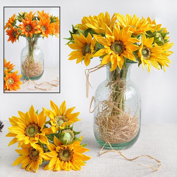 Dekorative Blumenkränze, 5 Stück/Blumenstrauß, Pu-Silikon-Sonnenblume, künstliche Blume, fühlt sich echt an, gefälschte Pflanze für Hochzeitsdekoration, Zuhause, Garen 221118