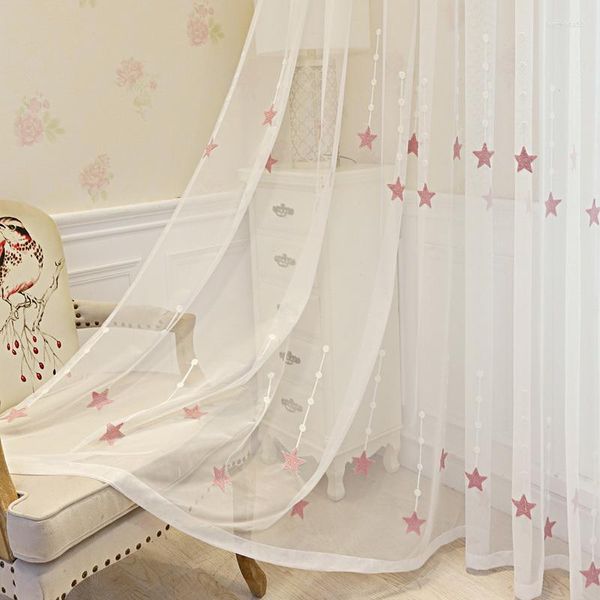 Vorhang mit rosa Stern-Stickerei, durchsichtige Vorhänge für Kinderzimmer, weißer Voile, Marineblau, elegante Schiebetür-Kinderzimmervorhänge
