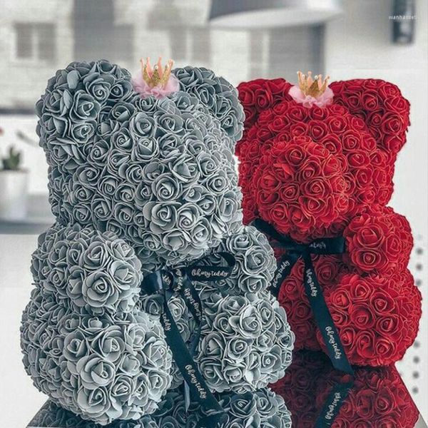 Dekorative Blumen Teddybär mit Krone in Geschenkbox mit Rosen Künstliche Blumen Hochzeit Muttertag Weihnachten für Frauen Valentinstag