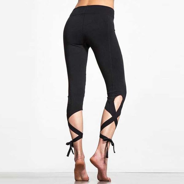 Yoga Roupfits Women Ballerina Hollow Pants Sport Leggings Fitness Cross Bow Ballet Dance Bandage Tight Cropped T220930