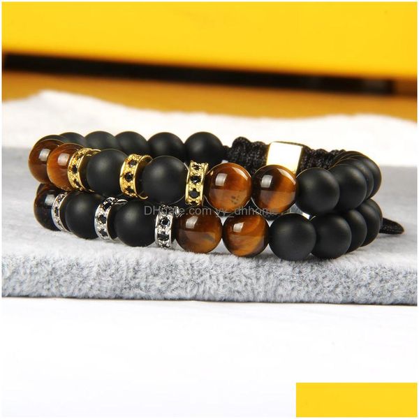 Braccialetti con ciondoli Powerf Gioielli da uomo all'ingrosso 10 Pz / lotto Micro pavimenta cubico nero Cz perline distanziatore Bracciale in rame con occhio di tigre naturale Dhjhq