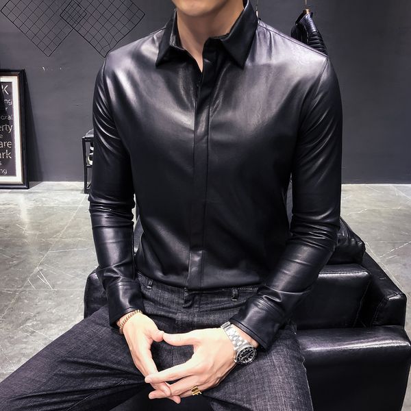 Мужские повседневные рубашки Camisa Social Masculina Trend Brand Fashion Black Leather осень зимняя корейская рубашка Slim Fit 221117