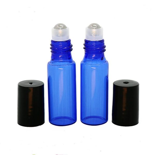 Garrafa de 5 ml azul portátil de 5 ml em garrafa de vidro com bola de rolo de metal para óleo essencial lx1060