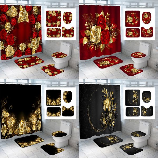 Tende da doccia Rosso lucido Golden Rose Set di tende impermeabili Copriwater Tappetino antiscivolo Tappeti da bagno Tappeto da bagno per la casa Decorazioni natalizie 221118