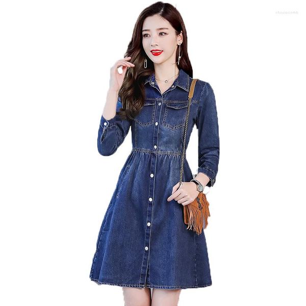 Abiti casual Autunno Donna Abito in denim Moda coreana Risvolto Manica lunga Jean Elegante Slim Office Lady Business Una linea corta