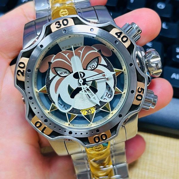 Orologio al quarzo sportivo da uomo INVICTO Reserve Bolt Zeus Dog Personality Cinturino in acciaio con quadrante grande Tutte le lancette possono essere impermeabili World Time