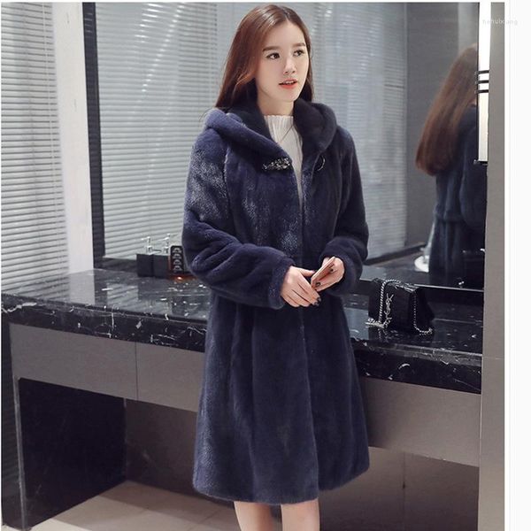 Cappotto freddo da donna in pelle invernale da donna in pelliccia sintetica visone giacca con cappuccio super midi soprabito da neve moda slim fit all'ingrosso