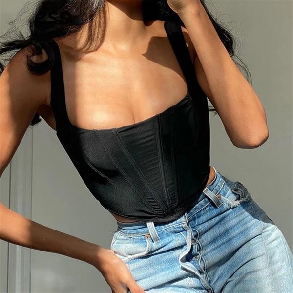 Tanques femininos Camis Spring Summer Summer Black Off ombro Tops de Cortes Corset Mulheres Pra￧a Partema Sexy Tank Tops Senhoras Backless Casual Bustier 221119