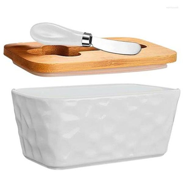 Lagerung Flaschen Keramik Butter Box mit Holz Abdeckung und Messer Nordic Küche Keeper Platte Tablett Käse Lebensmittel Container Gericht