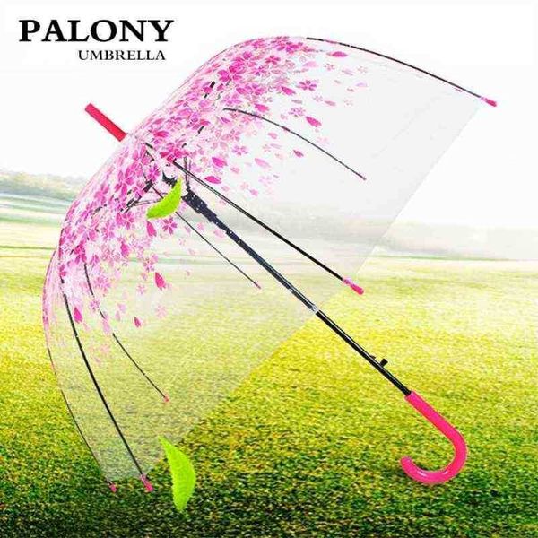 Neue Mode Transparent Klar Regenschirm Kirschblüte Pilz Apollo Prinzessin Frauen Regen Sakura Lange Griff J220722