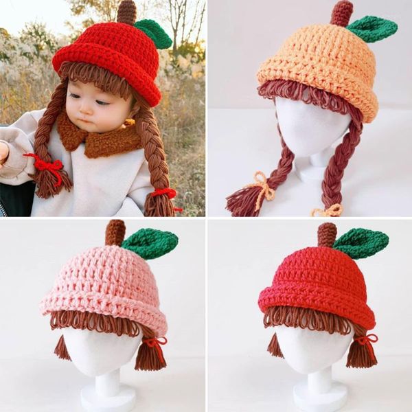 Haarschmuck Baby Kinder gestrickte Perücke Hut handgemachte Kleinkind Kinder Apple Design Brades Woolen Kntting Caps Zöpfe Po Requisiten Kopfbedeckung 1-5