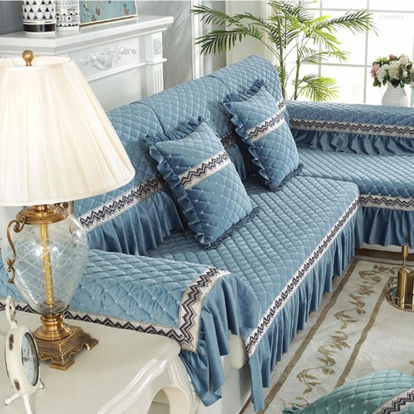 Coprisedie 1 pz Cuscino per divano in velluto solido Orlo blu Stile a forma di L Reclinabile Coprisedile antiscivolo per soggiorno