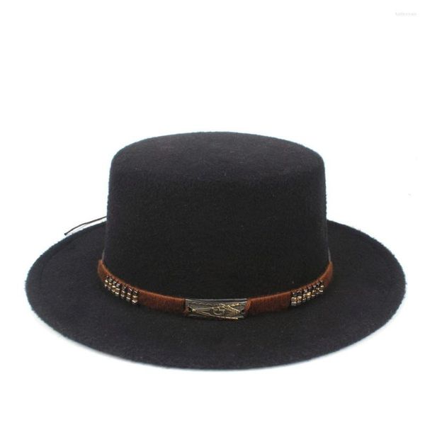 Berets Unisex Men Women Flat Top Hat с ремнем ретро-федора широкий Brim Jazz Size 56-58 см.