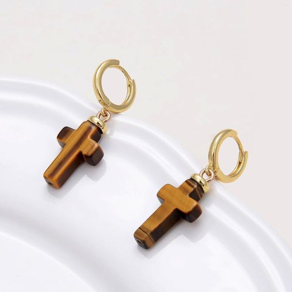 Creolen 1 Paar Mode Punk Naturstein Kreuz Tropfen Für Teenager Vintage Rock Gold Ohrring Frauen Männer Gothic Schmuck Geschenk