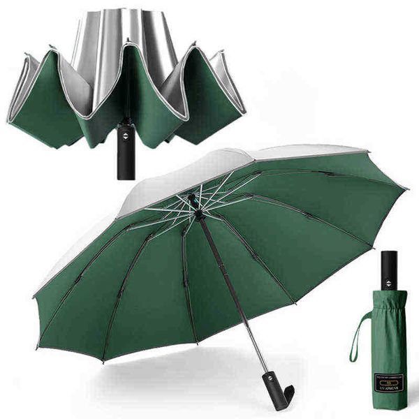 Серебряное покрытие автоматическое обратное зонтик для мужчин 10 Риббен защита от женщин дождь и солнечный ветрозащитный J220722