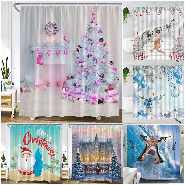 Cortinas de chuveiro natal engraçado Papai Noel Clause, boneco de neve árvores de natas de canto de desenho animado de gato de tubarão ano de tecido decoração de banheiro 221118