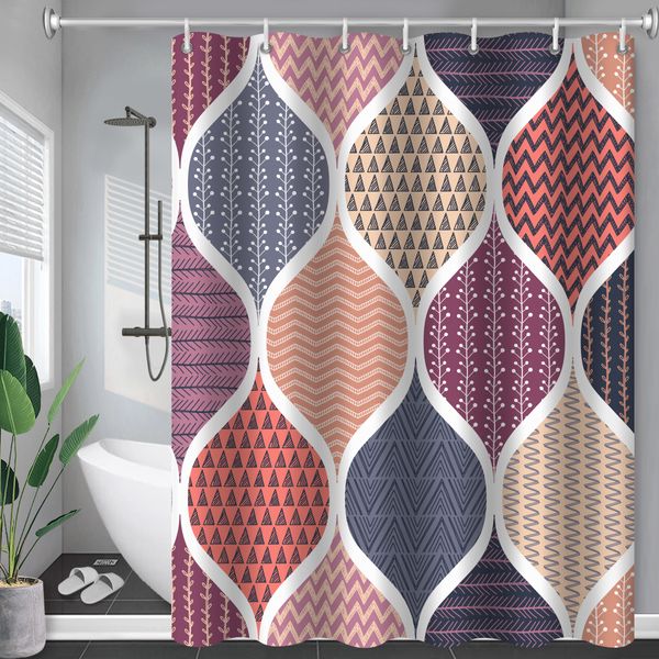 Cortinas de chuveiro Boho Tema Acessórios para banheiro azul fofo Impressão 3D tecido à prova d'água com ganchos Cortina de decoração de padrões geométricos L221118