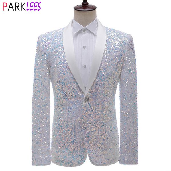 Abiti da uomo Blazer bianco lucido con paillettes glitter giacca da smoking da uomo collo a scialle un bottone giacca da uomo giacca da uomo festa di nozze abiti da palcoscenico 221118