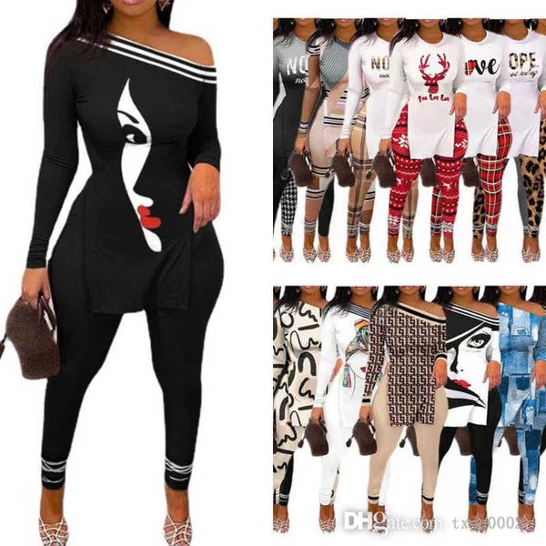 2022 herbst Winter Frauen Trainingsanzüge Personalisieren Gedruckt Hosen Outfits Sexy Off Schulter Split T-shirt Leggings Anzug 2 Stück Passenden sets