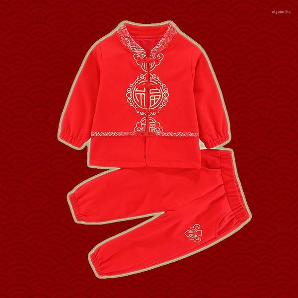 Abbigliamento etnico 2022 Abito tradizionale cinese retrò per bambini per ragazze Ragazzi Tang Ricamo Hanfu Year Outfit Cotone rosso